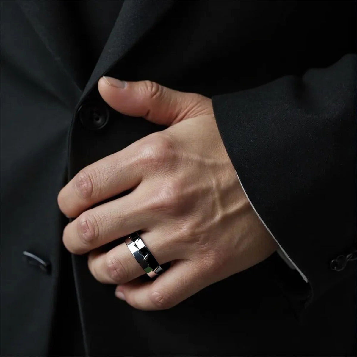 Men’s Mechanical Ratchet Fidget Ring, Black & Silver Tactile Spinning Stress‑Relief EDC Ring for Office Anxiety Relief