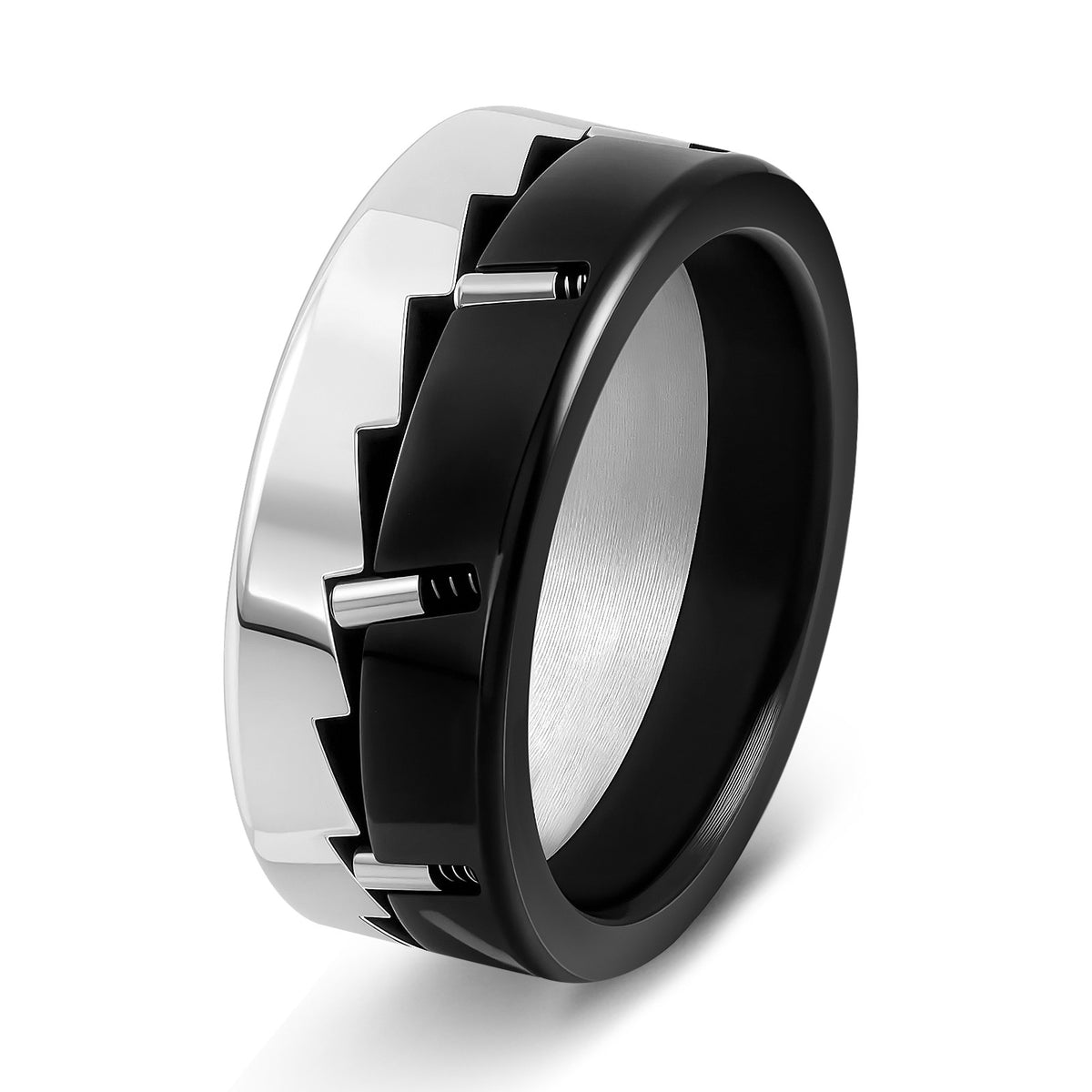 Men’s Mechanical Ratchet Fidget Ring, Black & Silver Tactile Spinning Stress‑Relief EDC Ring for Office Anxiety Relief